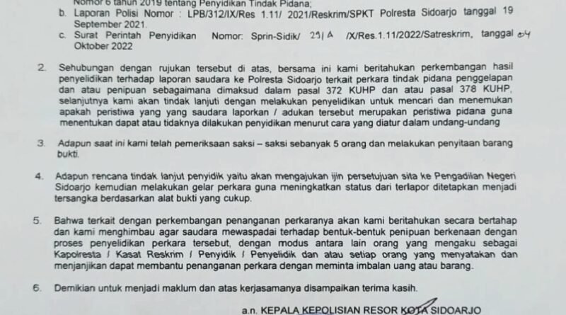 *3,5 Tahun Mandek di Tahap Sidik, Kasus Penipuan Rp104 Juta di Polresta Sidoarjo Diduga “Masuk Angin”,*