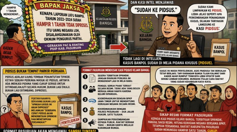 KASUS BANPOL HAMPIR SATU TAHUN MENGENDAP. SEBUAH KARANGAN BUNGA DATANG KE KEJARI.
