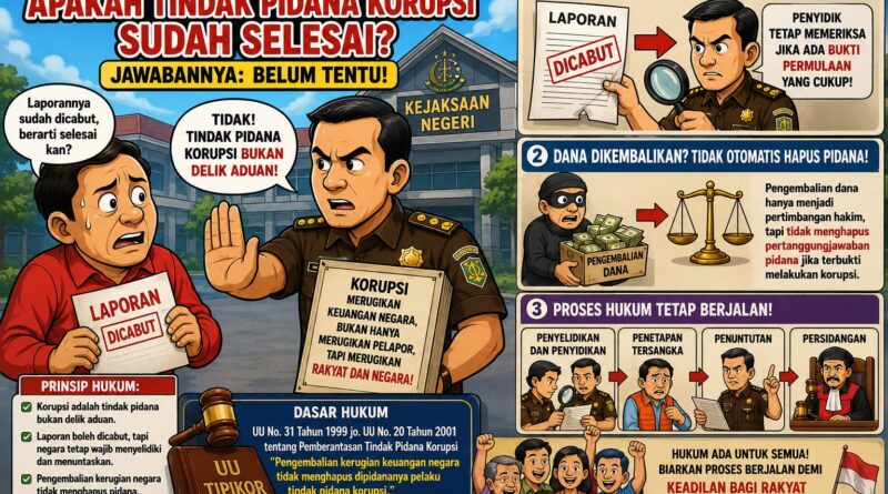 LAPORAN DICABUT, DANA DIKEMBALIKAN APAKAH KORUPSI SUDAH SELESAI? JAWABANNYA: BELUM TENTU. KORUPSI BUKAN DELIK ADUAN.