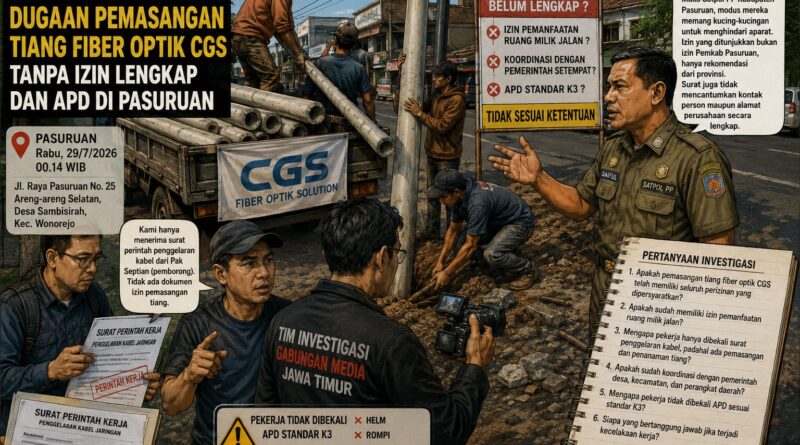 Tim Investigasi Gabungan Media Jawa Timur Temukan Dugaan Pemasangan Tiang Fiber Optik CGS Tanpa Dokumen Perizinan Lengkap dan APD di Pasuruan