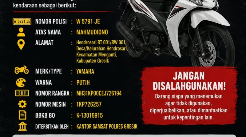 STNK Yamaha W 5791 JE Dilaporkan Hilang, Polres Gresik Nyatakan Kendaraan Tak Tercatat dalam DPB